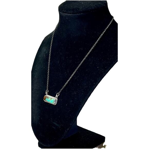 Navajo Kingman Turquoise Dixon Sterling Silver Bar Necklace 17" by J Dixon 6.9g - Picture 5 of 16